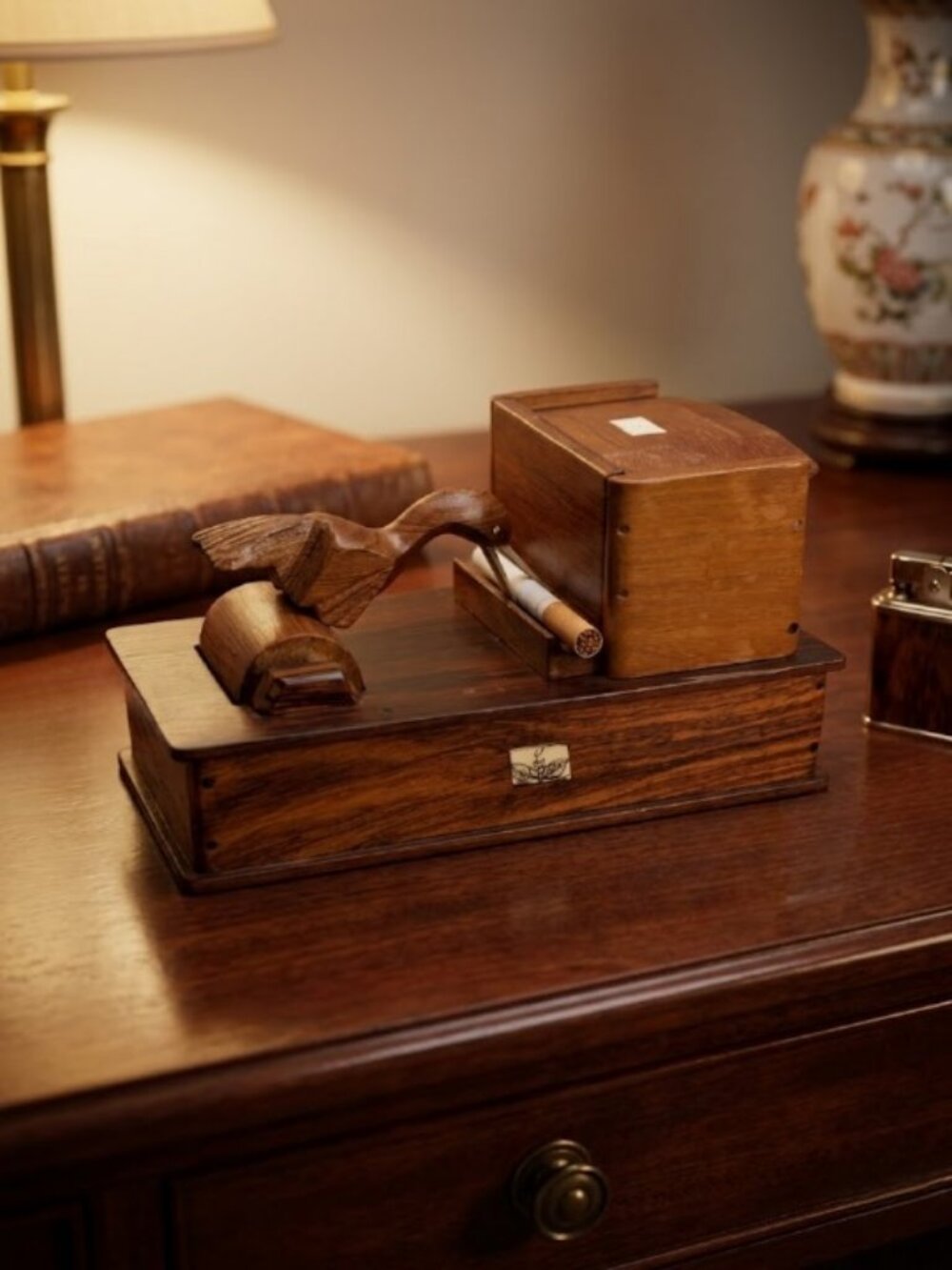 Vintage Hand Carved Mechanical Wood Bird Cigarette Box Dispenser